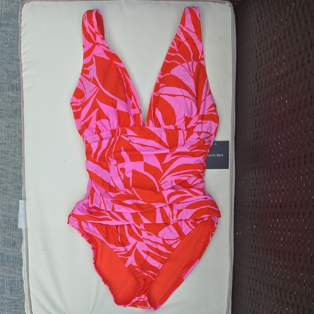 NWT Ellen Tracy Tropical Red and Pink Womens One Piece Swimsuit Size 12